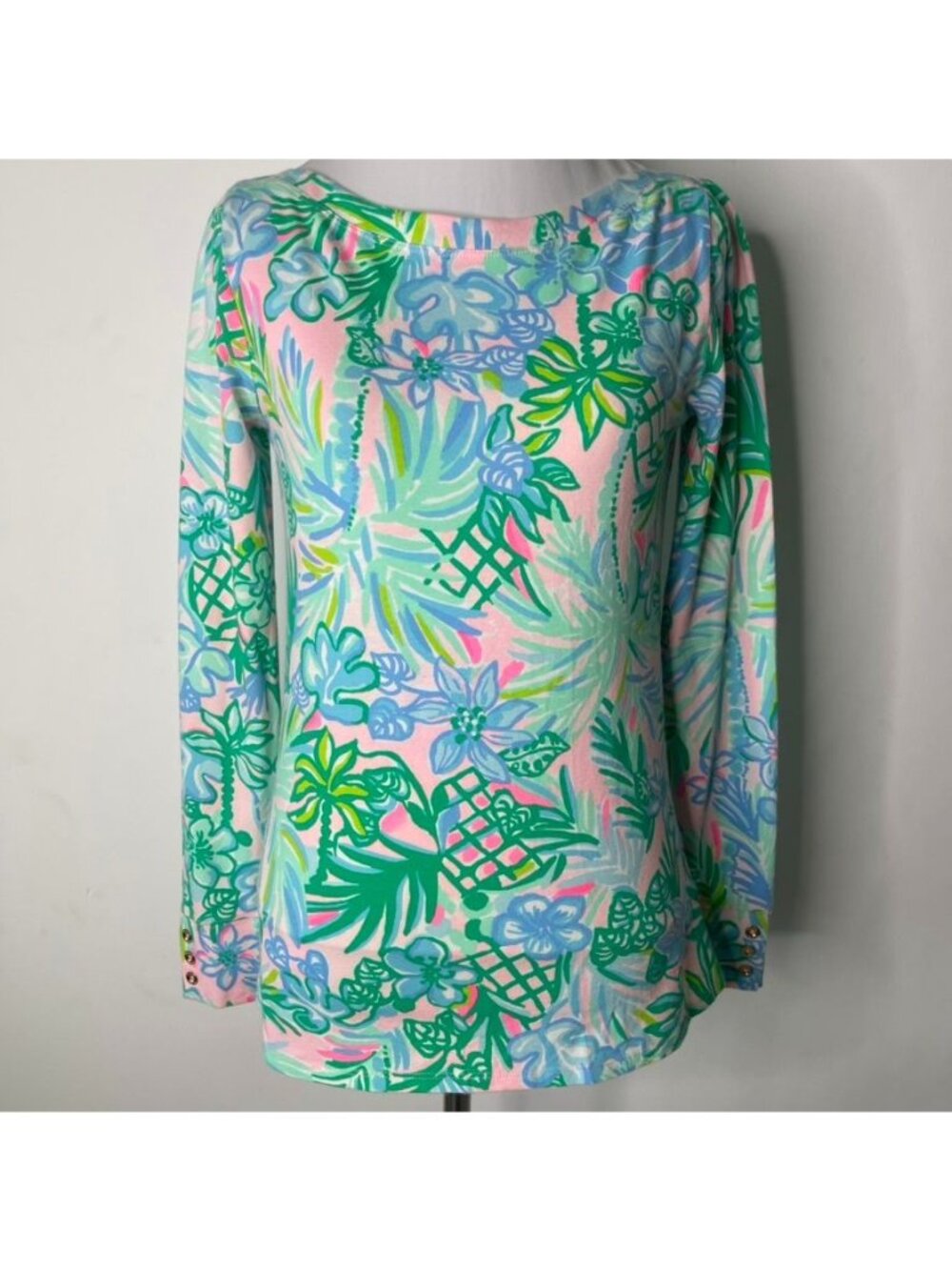Lilly Pulitzer Finn Top Early Bloomer Pink Blue Floral Palm Long Sleeve Small